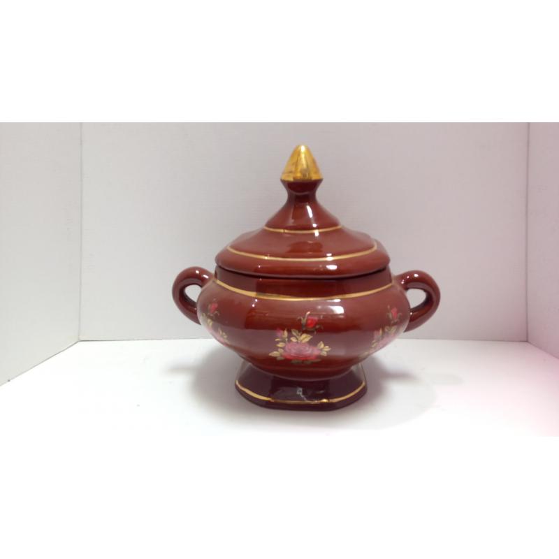 SOPERA Ceramica Tipo Copa Asas c/ Flores y Pintura Oro 25 x 27.5 cm aprox. (Marron)