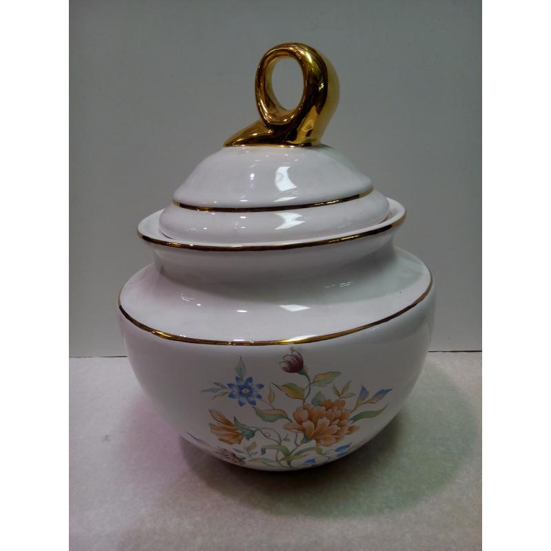 Sopera Ceramica Redonda blanca con Flores y Pintura Oro 28 x 22 cm