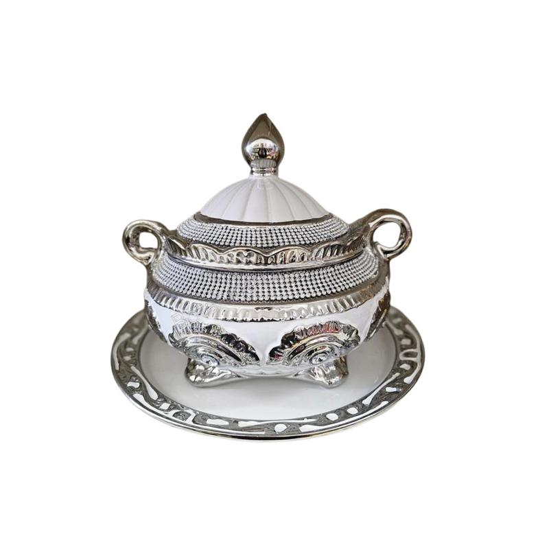 Sopera Porcelana Obatala 23 x 28 cm + Plato (Blanca detalles plateados y cristales)