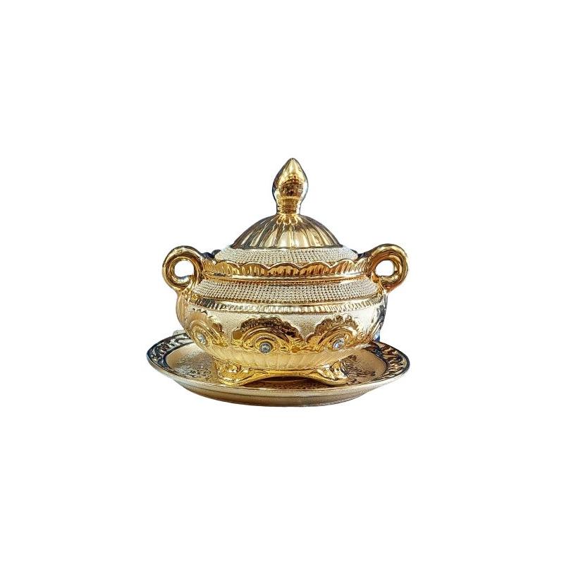 Sopera Porcelana Dorada con cristales 23 x 28 cm + Plato 30 cm