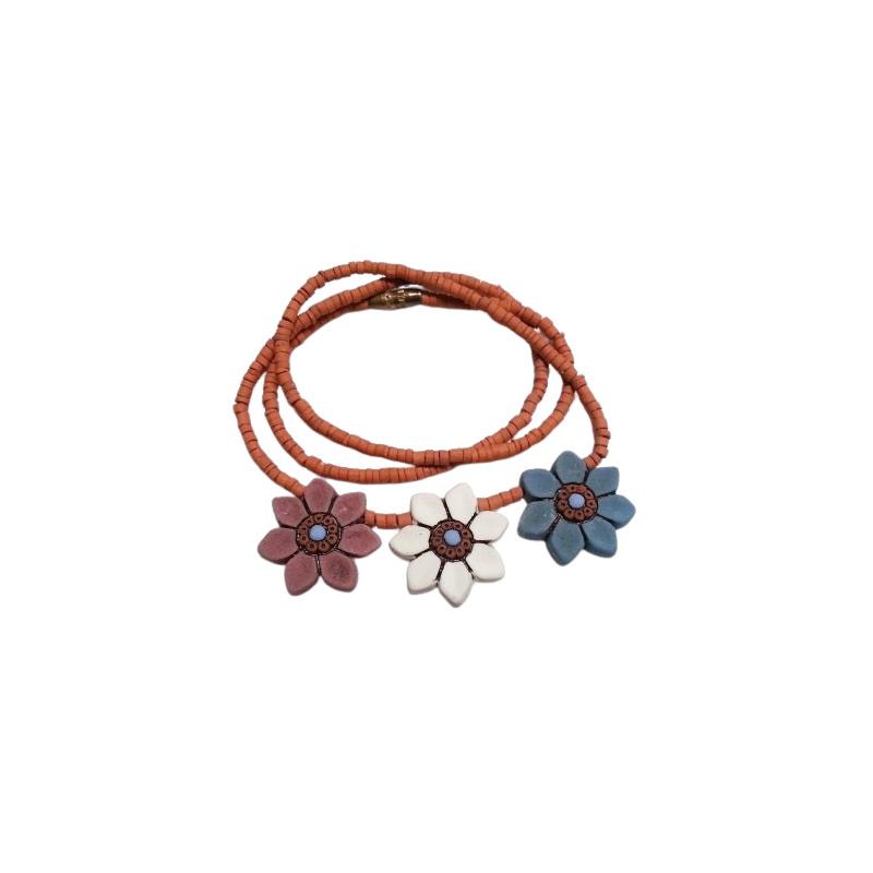 Collar Terracota 3 Flores (Lila, Blanco y Azull )
