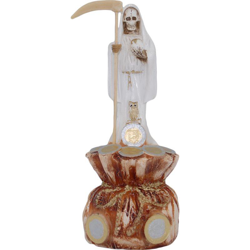Imagen Santa Muerte sobre Bolsa Dinero 23 cm. (Blanca) (c/ Amuleto Base) - Resina(has)