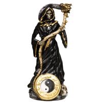 Imagen Santa Muerte 44 cm Horoscopo Yin Yang Negra - c/ Amuleto Base (Resina Artesanal)